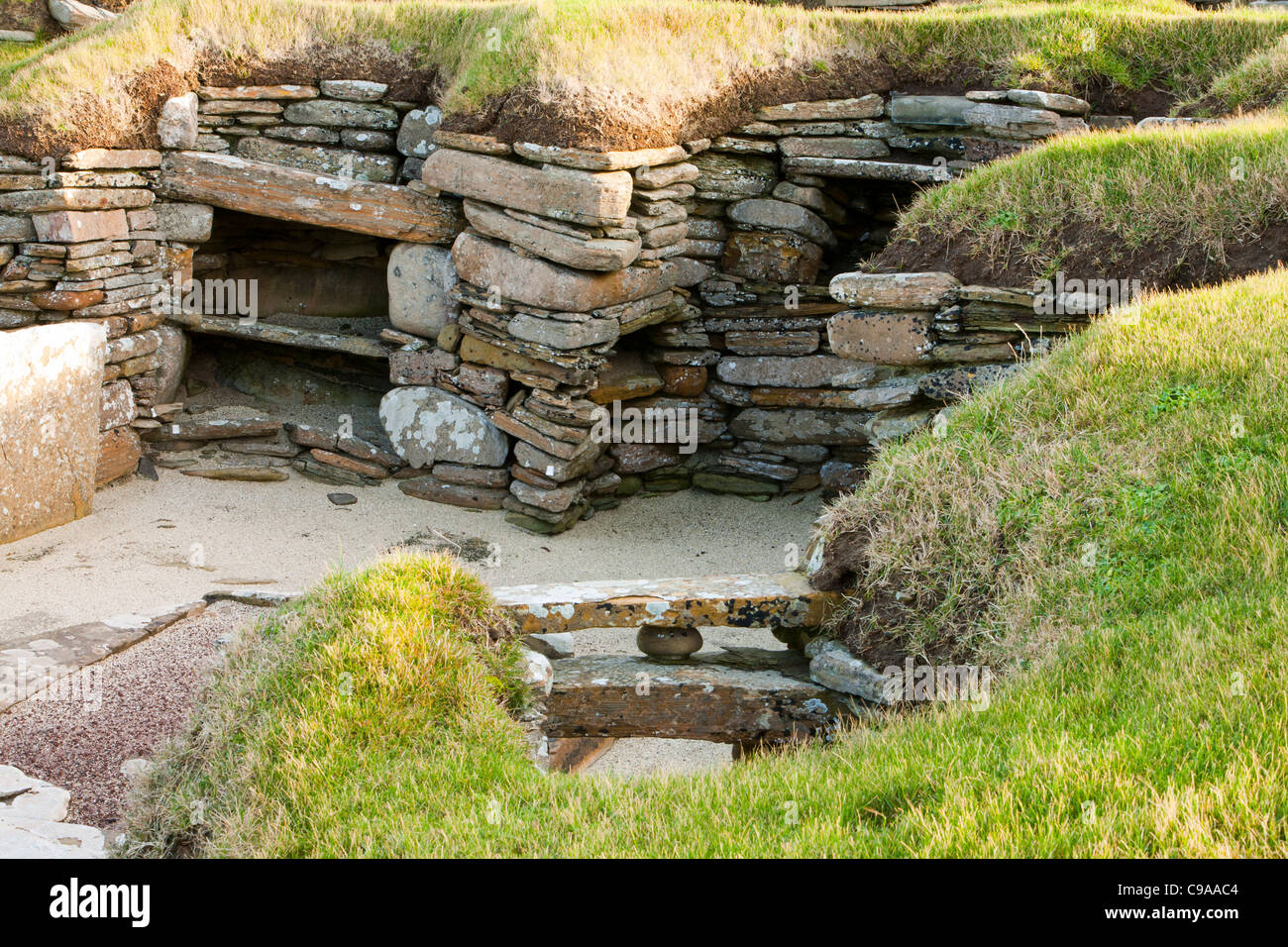 Skara Brae on Orkney's mainland is regarded by many as the most remarkable monument in Europe. Stock Photo