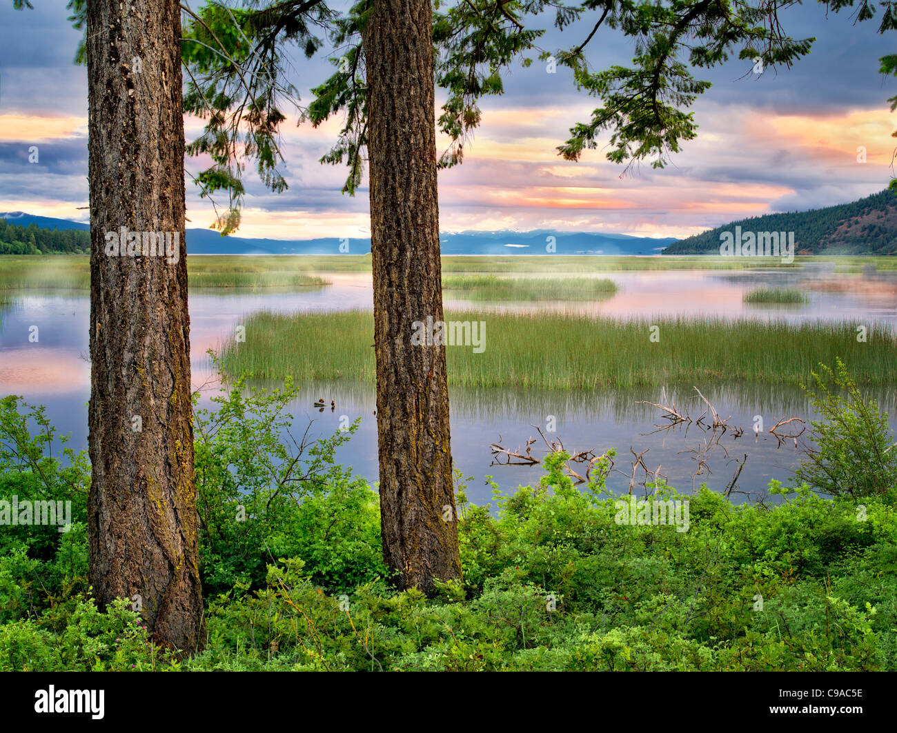 Shoalwater Bay on Upper Klamath Lake at sunrise. Oregon Stock Photo