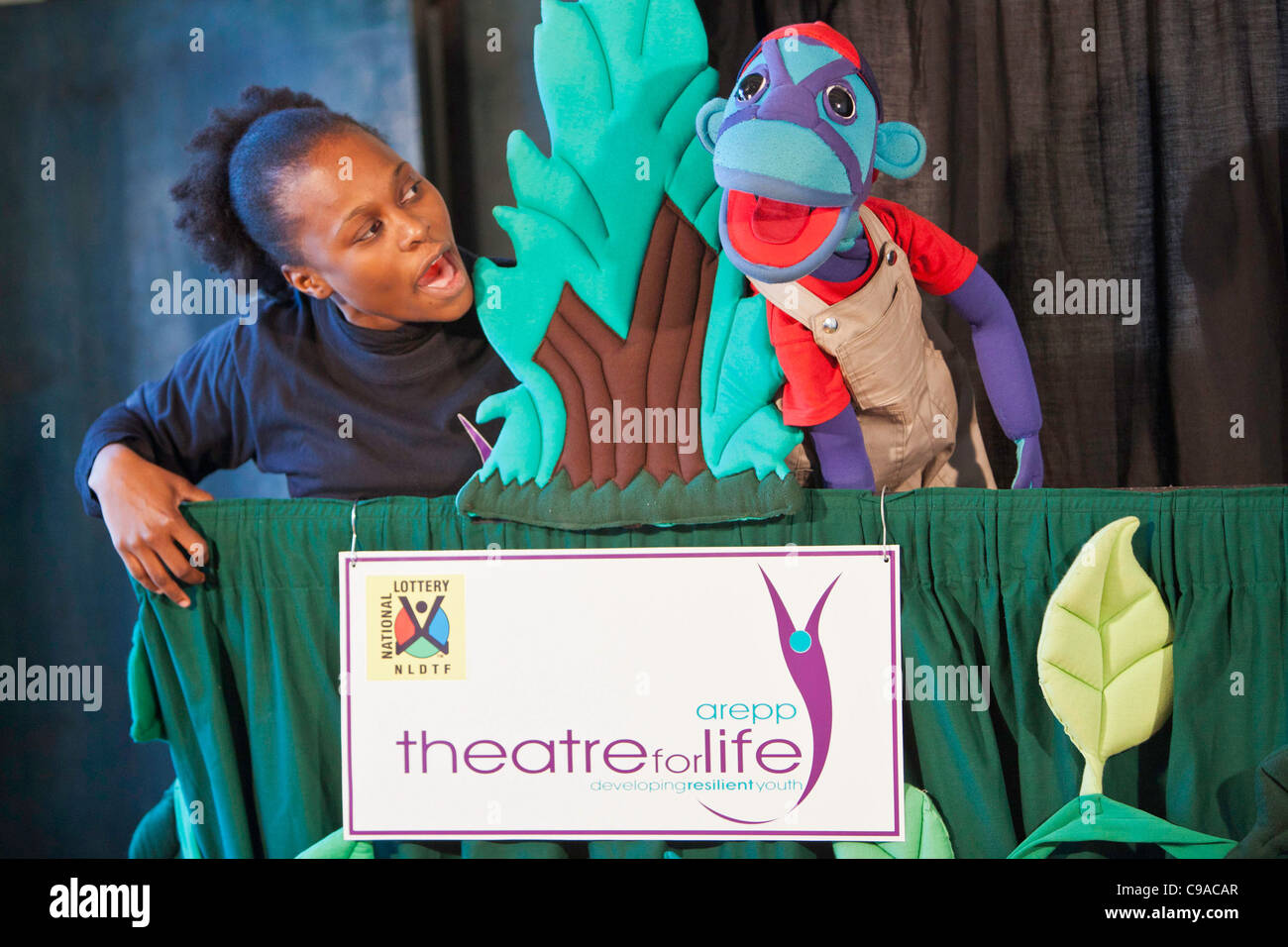 Theatre for Life actors with pupils of Ithute primary school, Johannesburg. Children in education learning social skills. Stock Photo