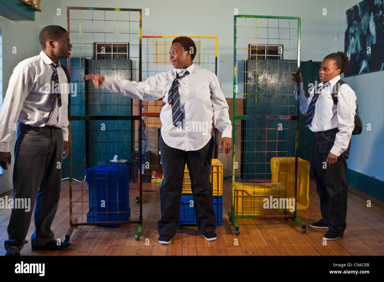 Theatre for Life actors with pupils of Ithute primary school, Johannesburg. Children in education learning social skills. Stock Photo