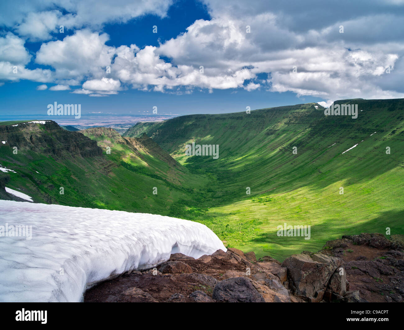 Snow bank and Keiger Gorge. Steens Mountain Wilderness, Oregon Stock Photo