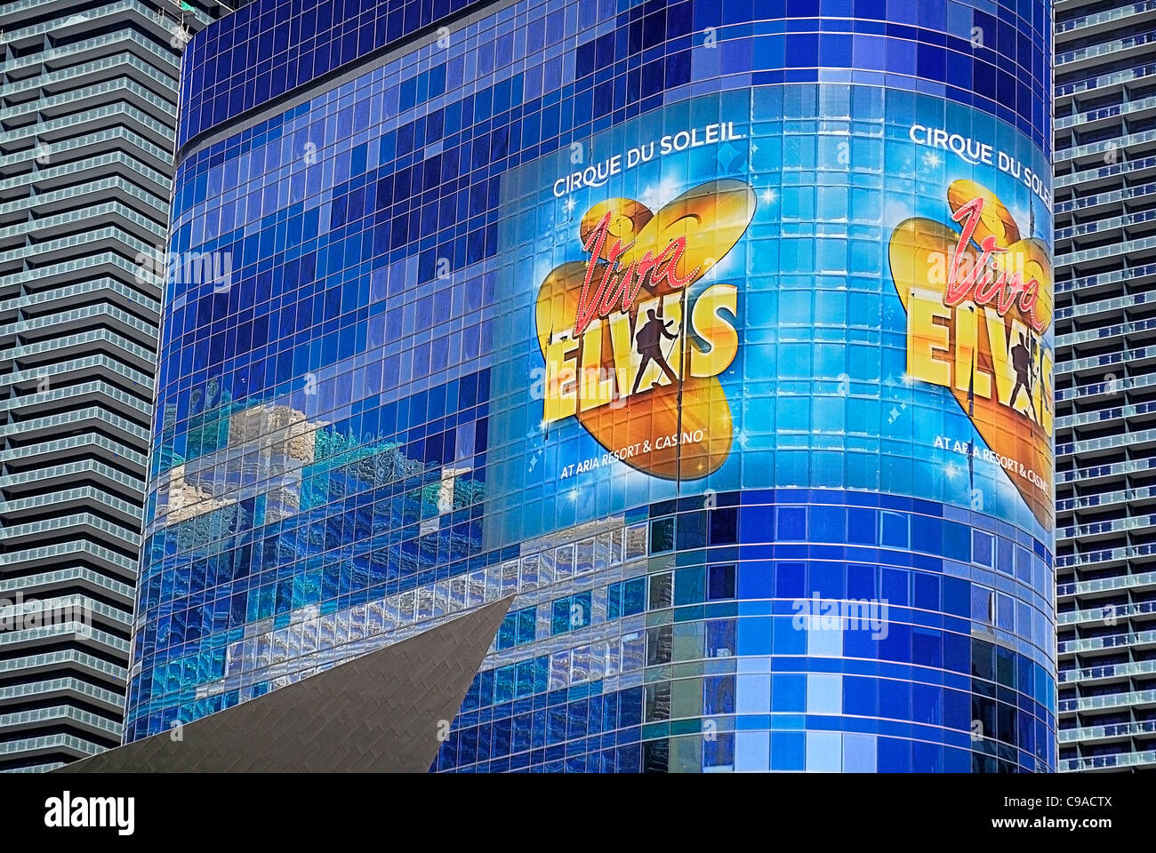 USA, Nevada, Las Vegas, The Strip, Cirque du Soleil Viva Elvis show being advertised on the exterior of the Aria resort hotel. Stock Photo