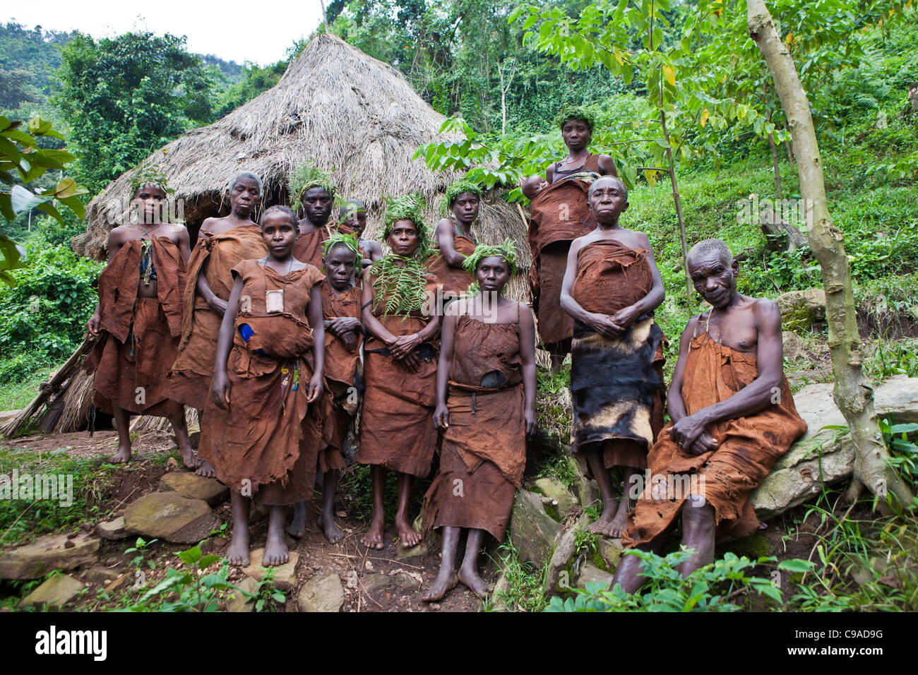 People of Mukuno village, traditional Batwa indigenous tribe from the Bwindi Impenetrable Forest in Uganda. Stock Photo