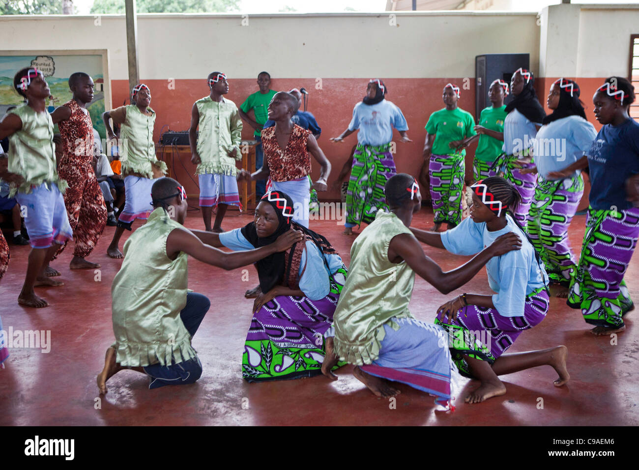Teenagers at the Wema centre in Mombassa practice dance performance as part of their rehabilitation program. Stock Photo
