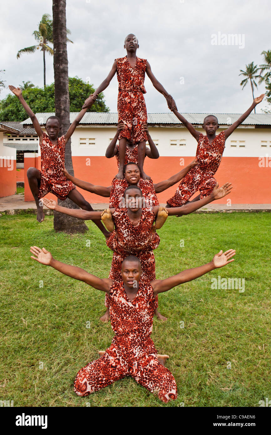 Boys at the Wema centre in Mombassa practice and perform acrobatics as part of their rehabilitation program. Stock Photo