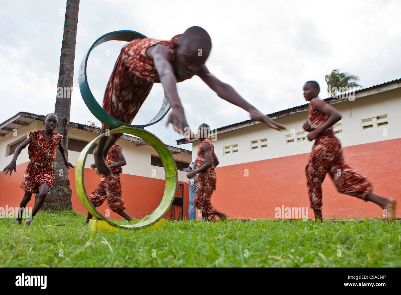 Boys at the Wema centre in Mombassa practice and perform acrobatics as part of their rehabilitation program. Stock Photo