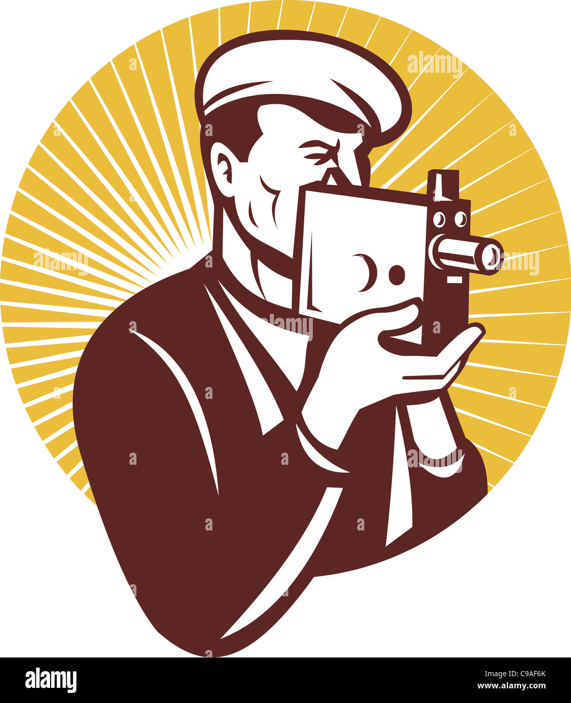 illustration of a Cameraman with vintage camera shooting side view done in the retro woodcut style set inside circle Stock Photo