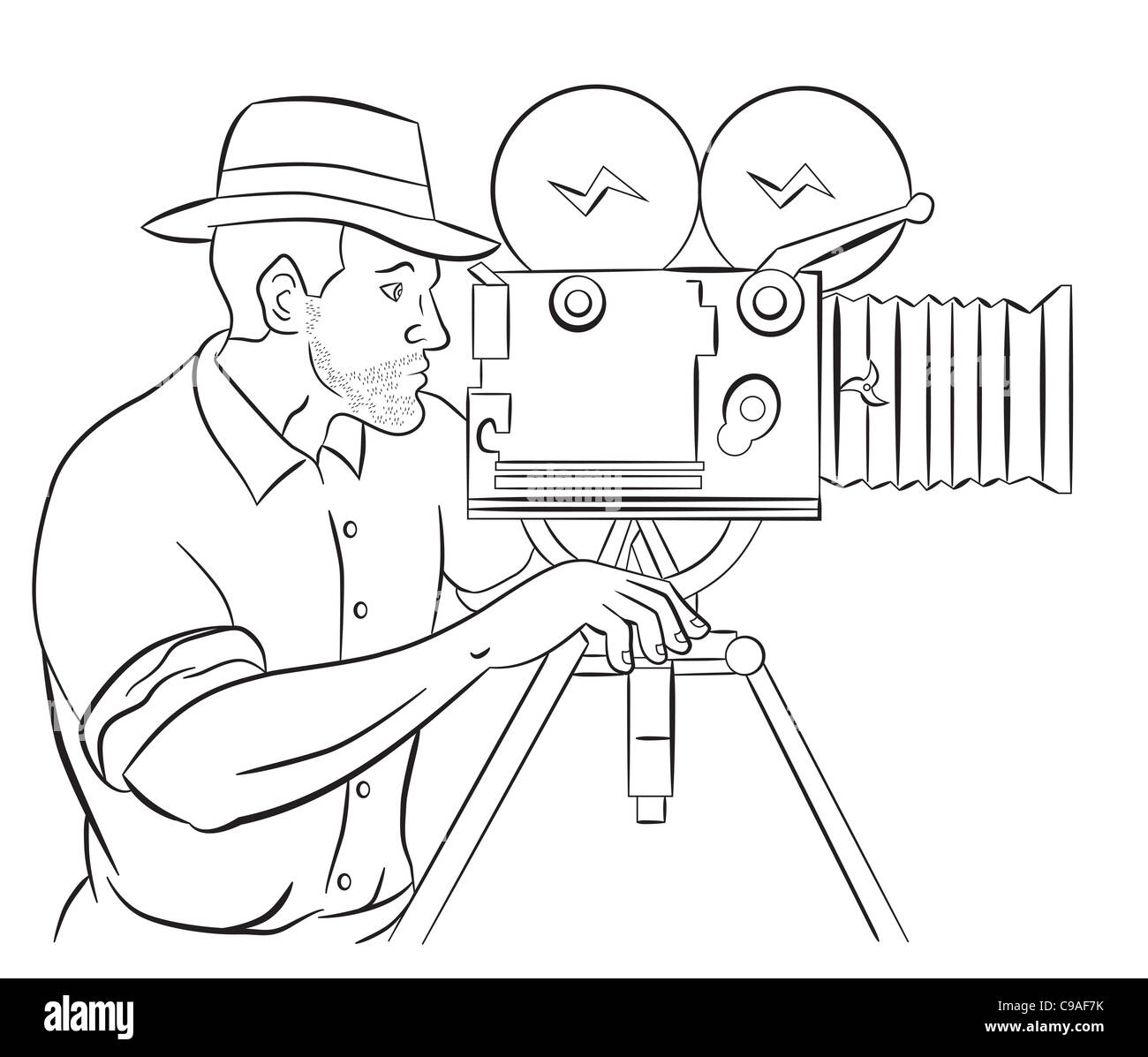 illustration of a Cameraman with vintage camera shooting side view done in the style of cartoon style isolated on white Stock Photo