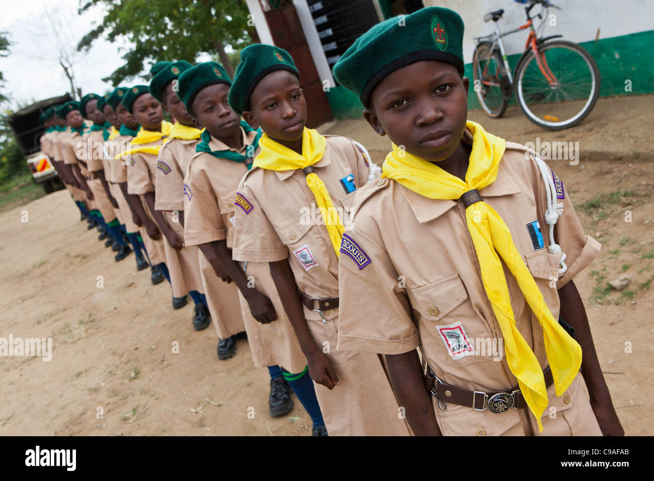Scouts practice their routine in the grounds of their school. Mombasa, Kenya. Stock Photo
