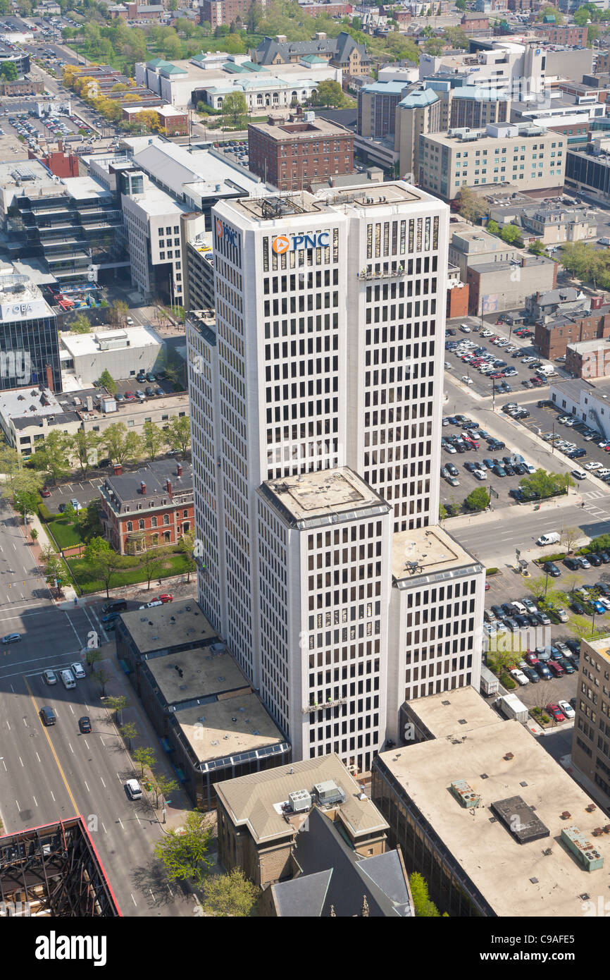 Aerial view of National City Bank Building in downtown Columbus, Ohio taken from the James A. Rhodes State Office Building. Stock Photo