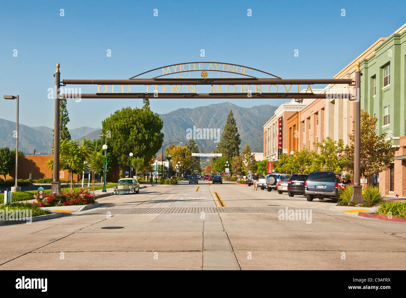 Beautiful view of the entrance to Old Town Monrovia in California Stock