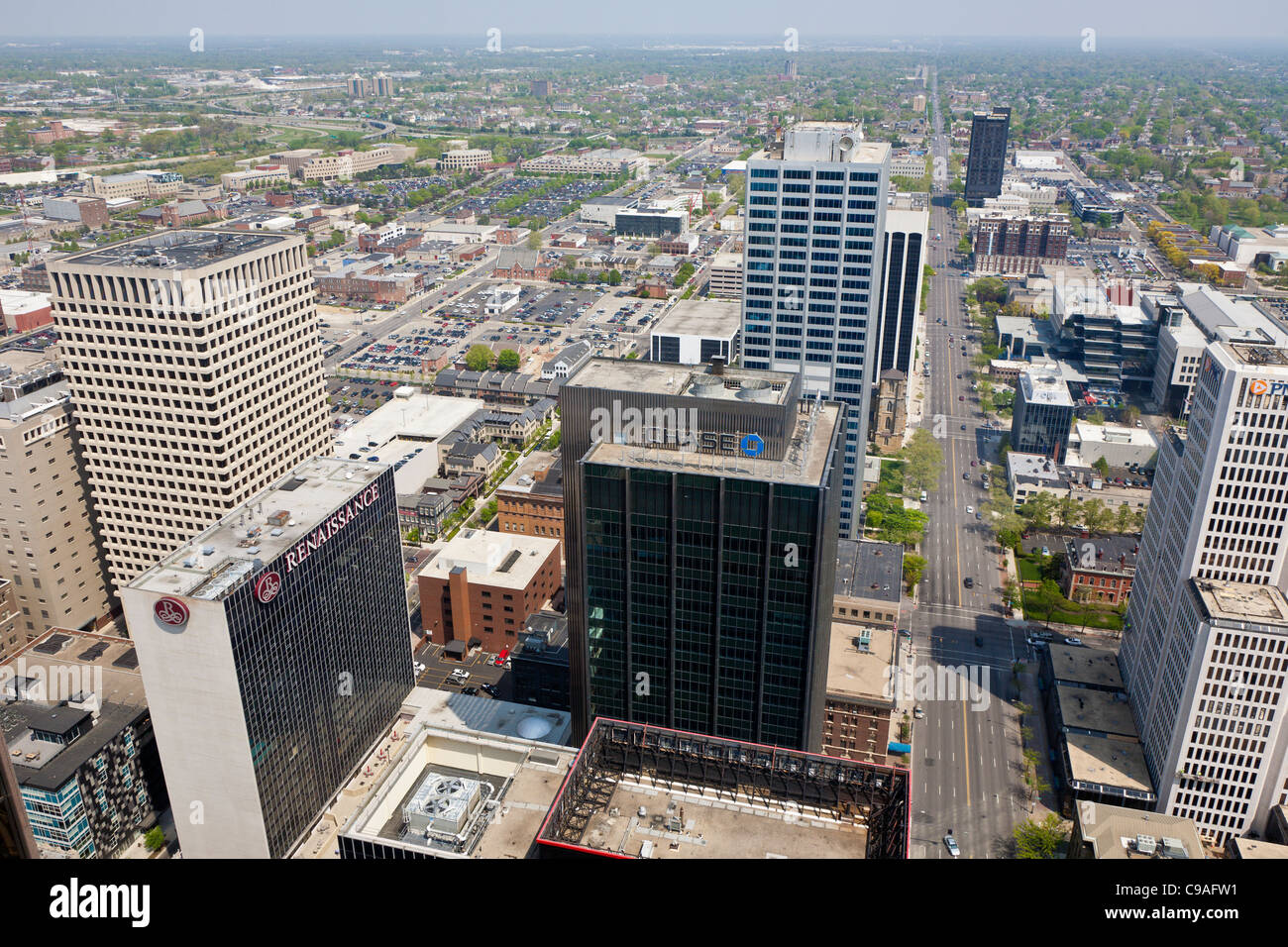 Aerial view of downtown Columbus, Ohio looking east down Broad Street from the James A. Rhodes State Office Building. Stock Photo