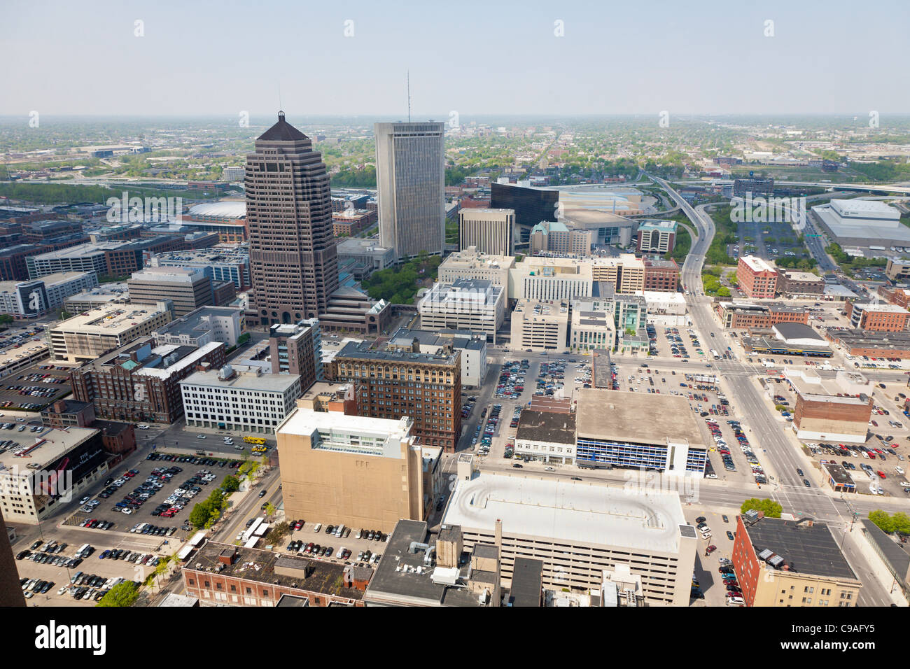 Aerial view of downtown Columbus, Ohio looking north from the James A. Rhodes State Office Building. Stock Photo