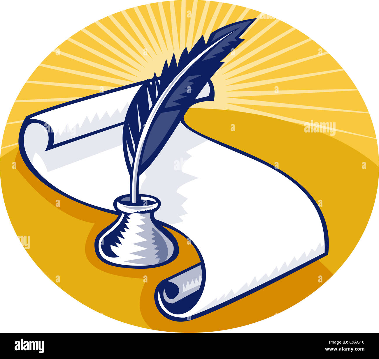 illustration of a quill pen and ink well with paper scroll set inside ...