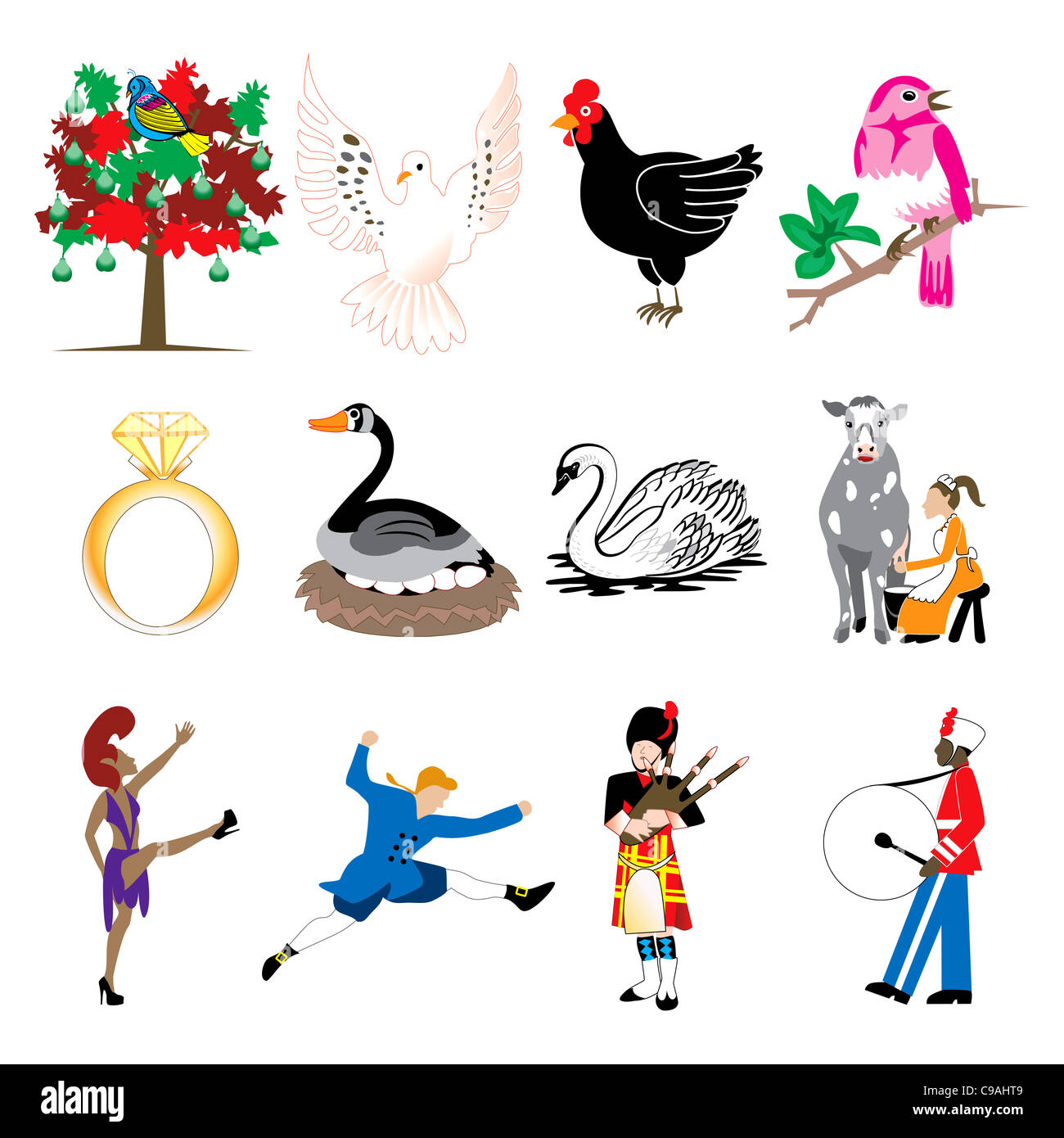 Vector Illustration Card of the 12 days of Christmas icons in full color Stock