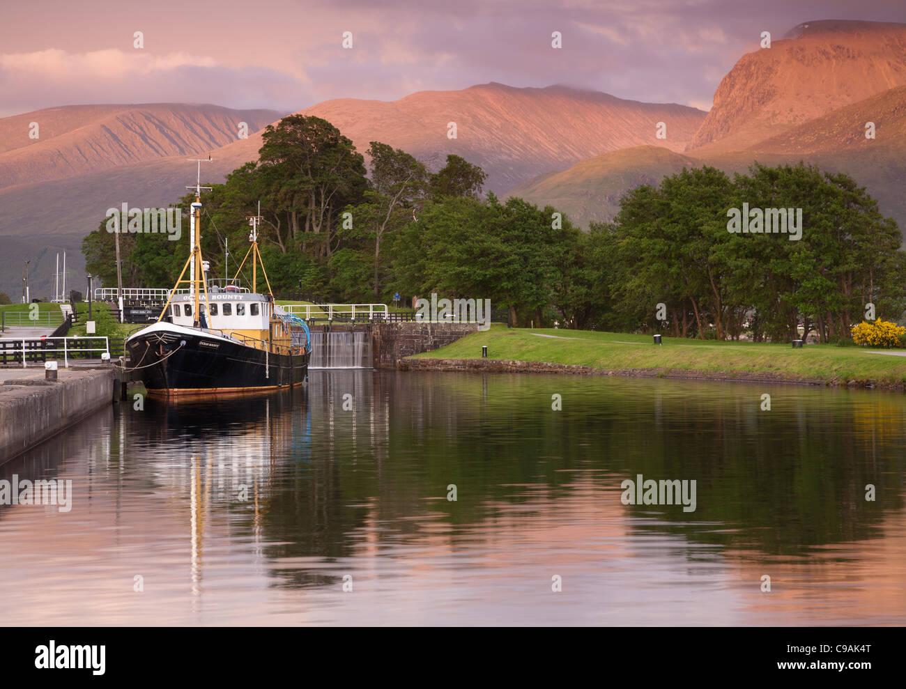 View overlooking the Caledonian Canal from Corpach to Ben Nevis near Fort William Stock Photo
