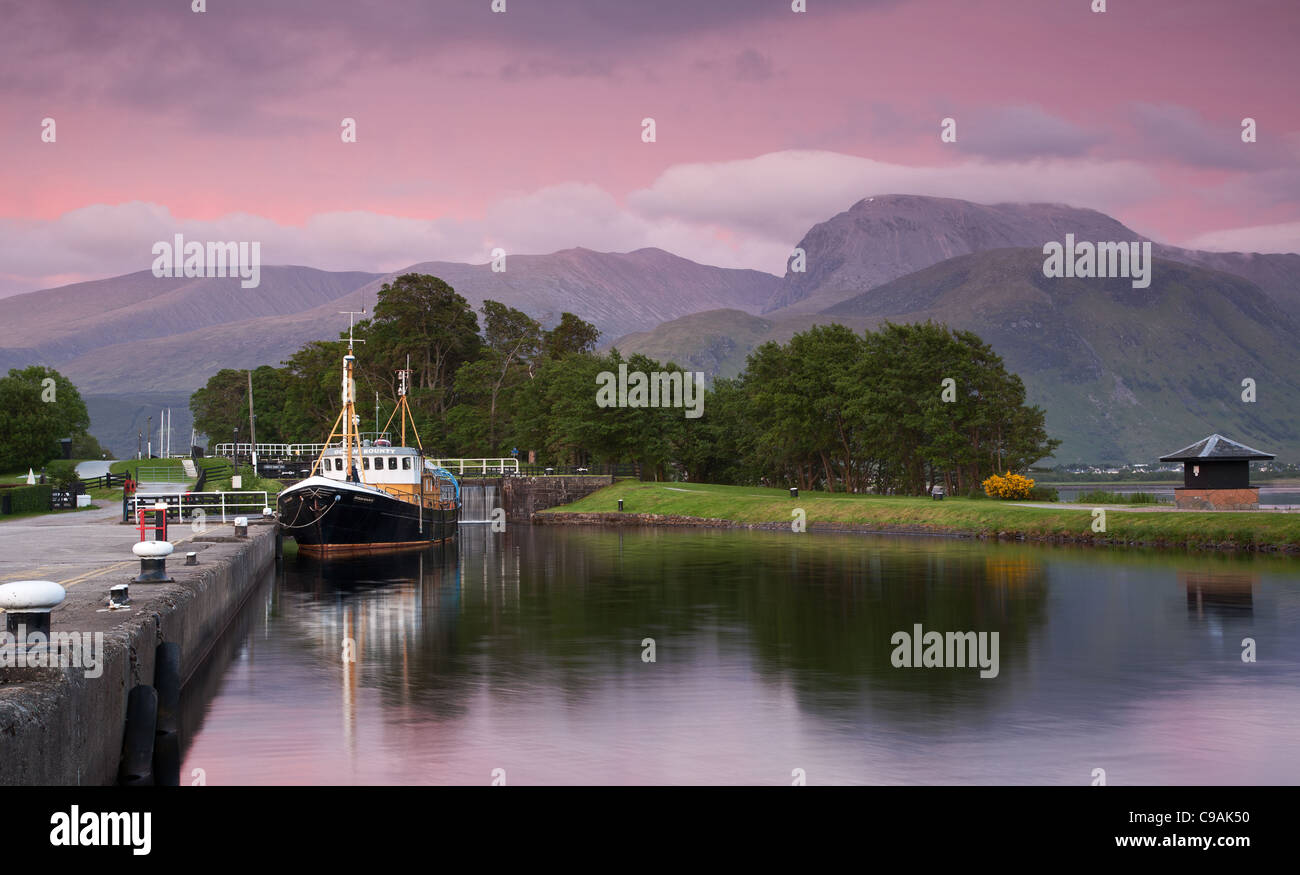 View overlooking the Caledonian Canal from Corpach to Ben Nevis near Fort William Stock Photo