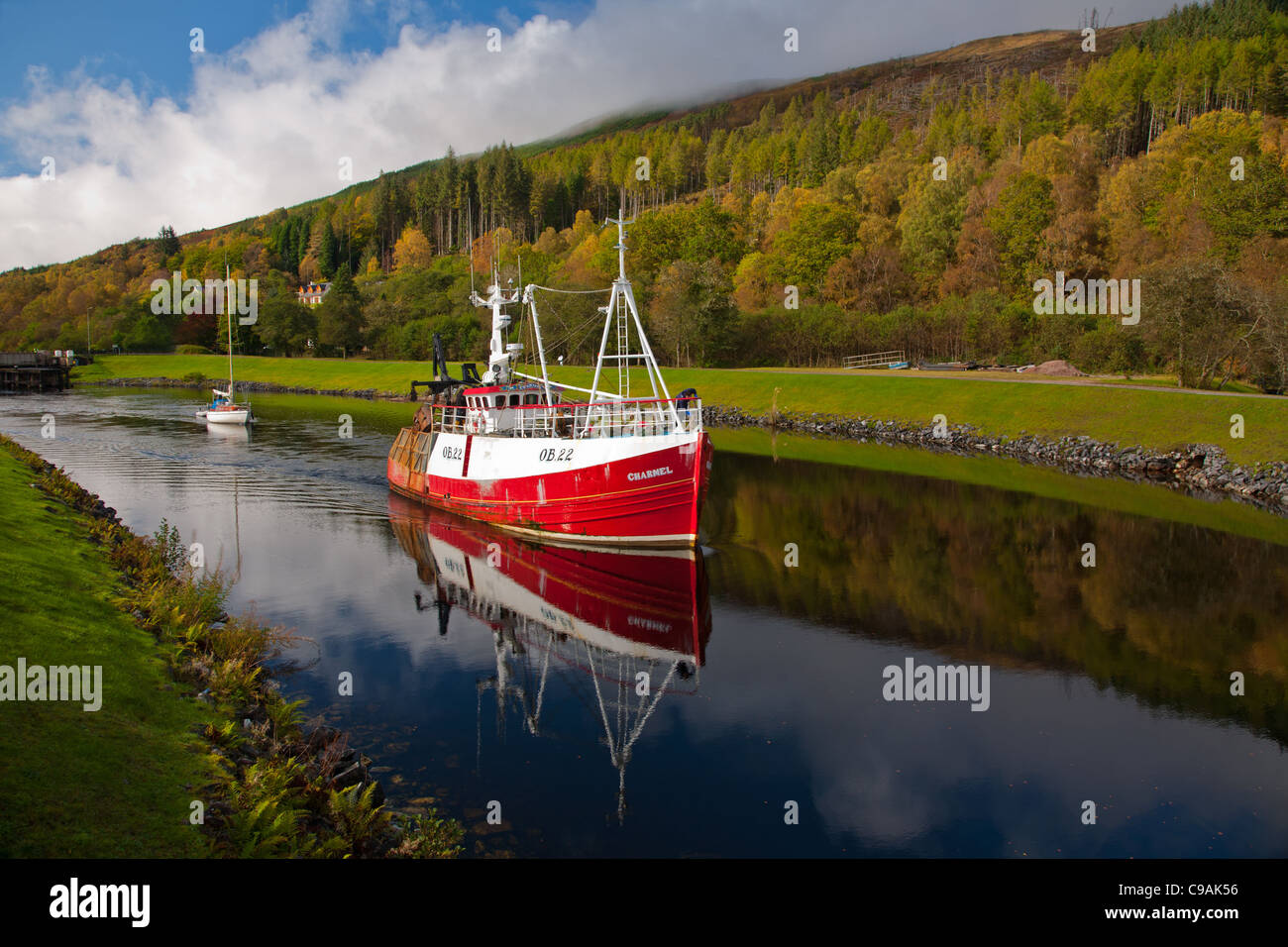 Fishing boat on the Caledonian Canal at Gairlochy Stock Photo