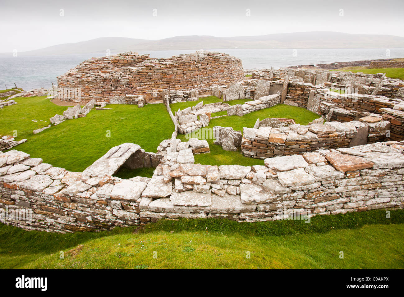 The Broch of Gurness is the best preserved Broch in Orkney, on mainland island. Stock Photo