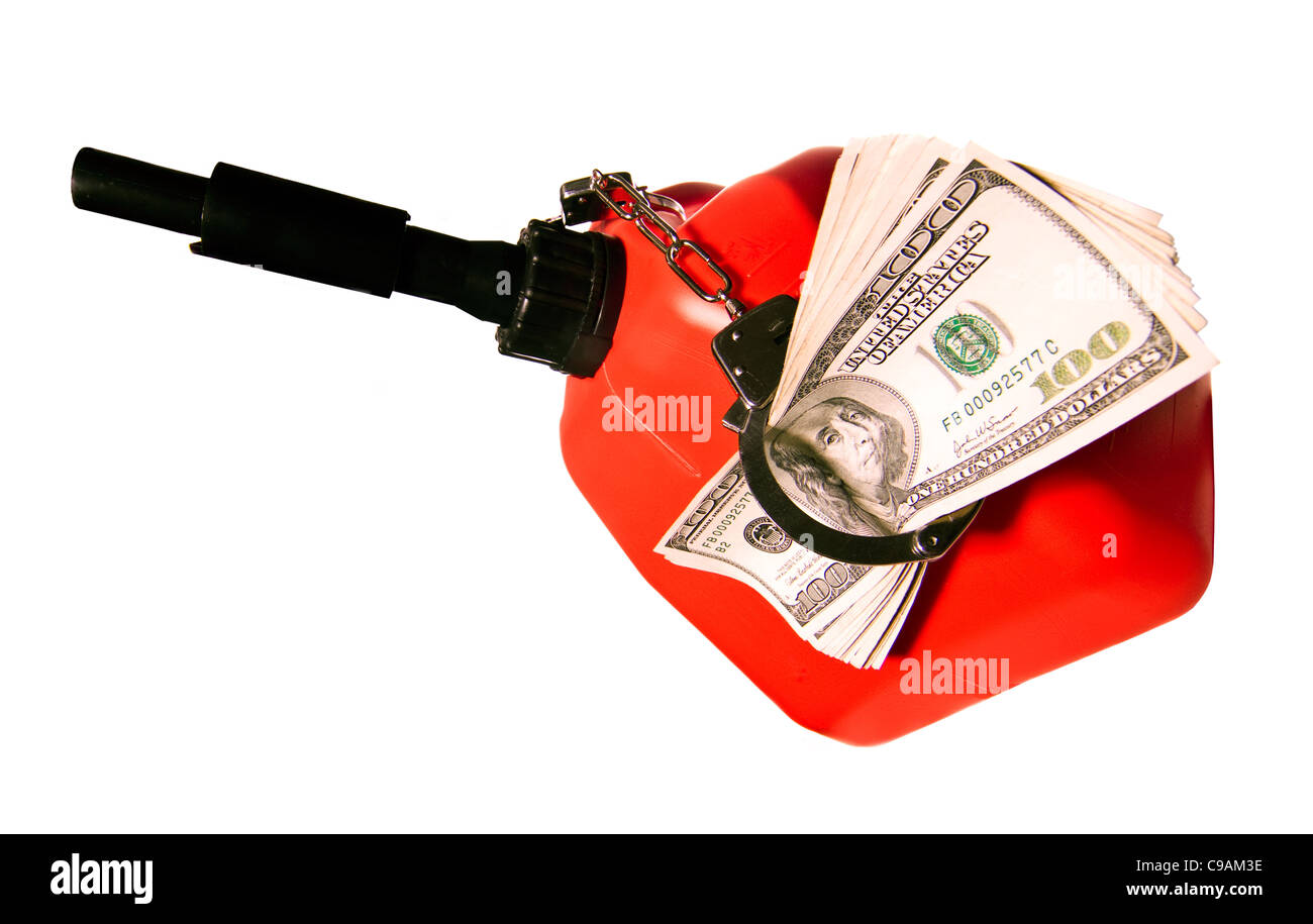 Hundred Dollar Bills Handcuffed to a Gas Can Stock Photo