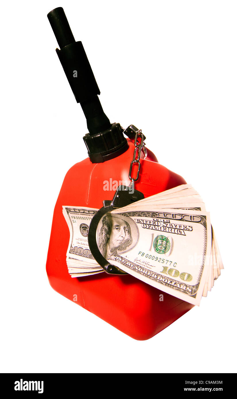 Hundred Dollar Bills Handcuffed to a Gas Can Stock Photo