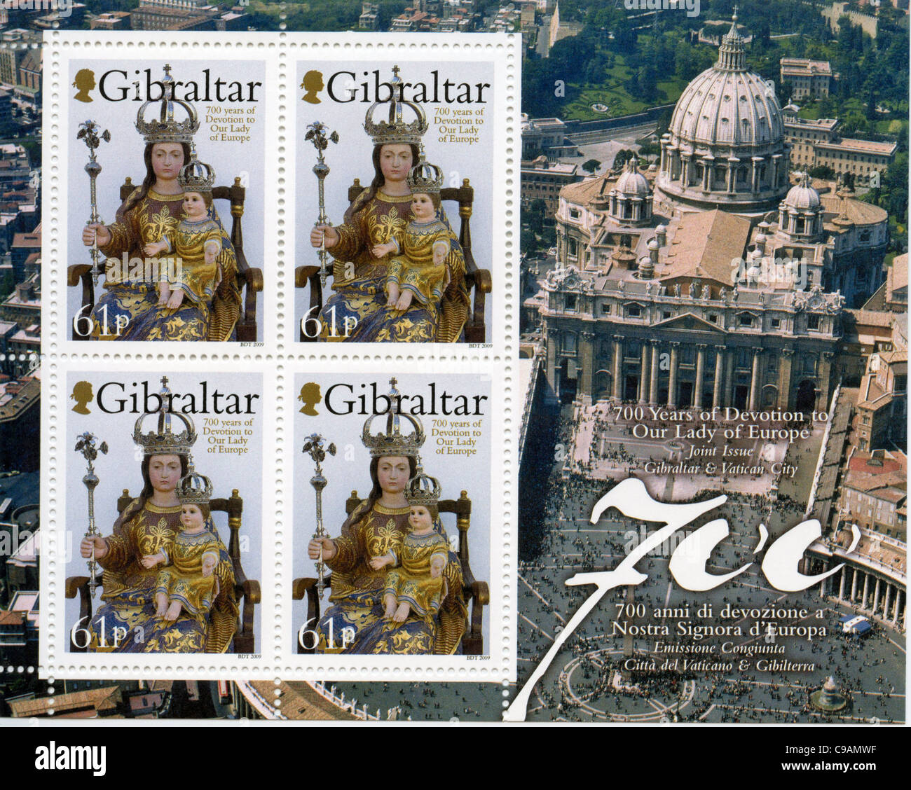 Gibraltar and Vatican joint issue postage stamps - 700 years of devotion to our lady of Europe Stock Photo