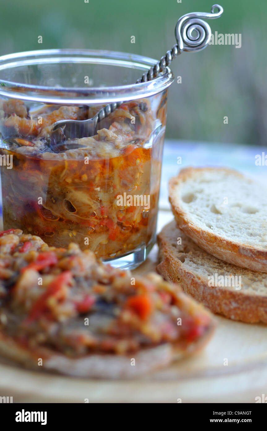 Roasted eggplant spread with bread toasts Stock Photo Alamy