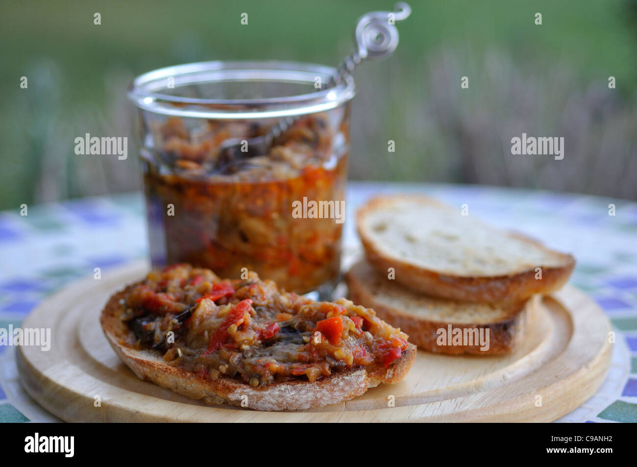 Roasted eggplant spread with bread toasts Stock Photo Alamy