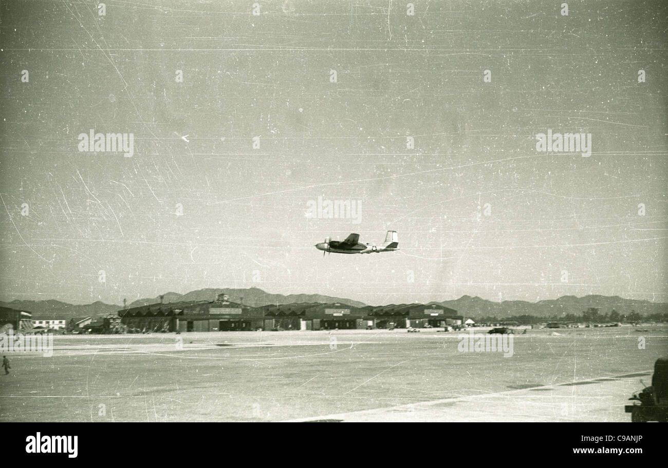 airplane taking off Itazuke Air Base, Japan during the Korean War.  Stock Photo