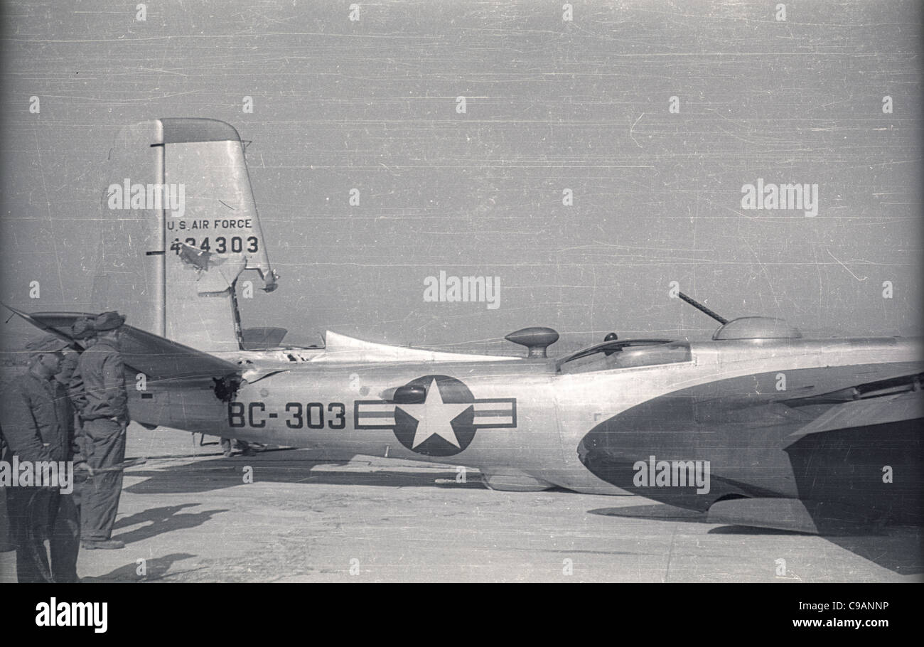 U.S. Airforce war damage airplane Itazuke Air Base, Japan during the Korean War.  Stock Photo