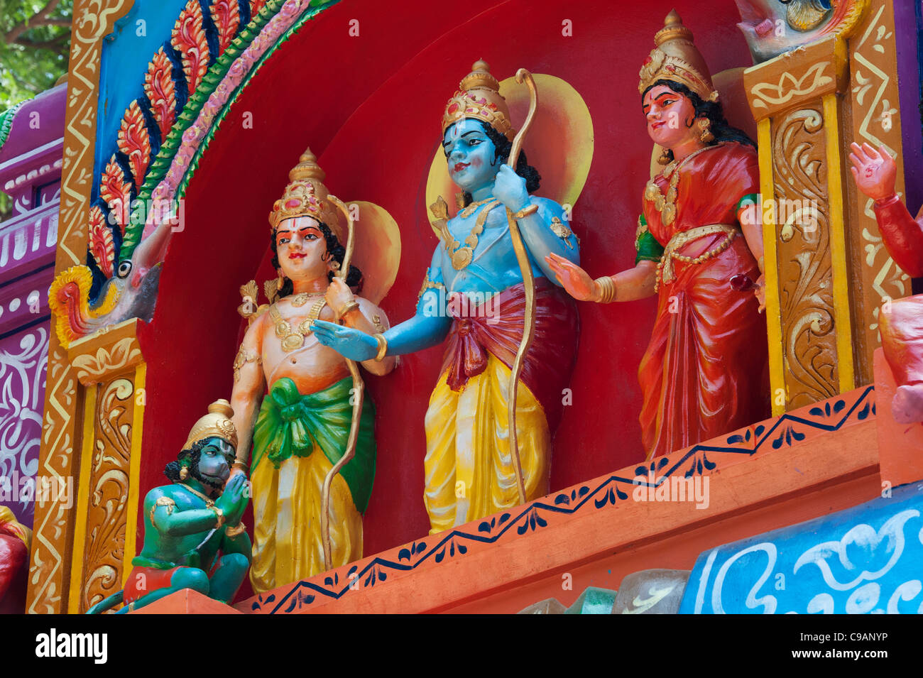 Rama, Sita statues on a colourful Hindu Hanuman temple. Andhra Pradesh, India Stock Photo
