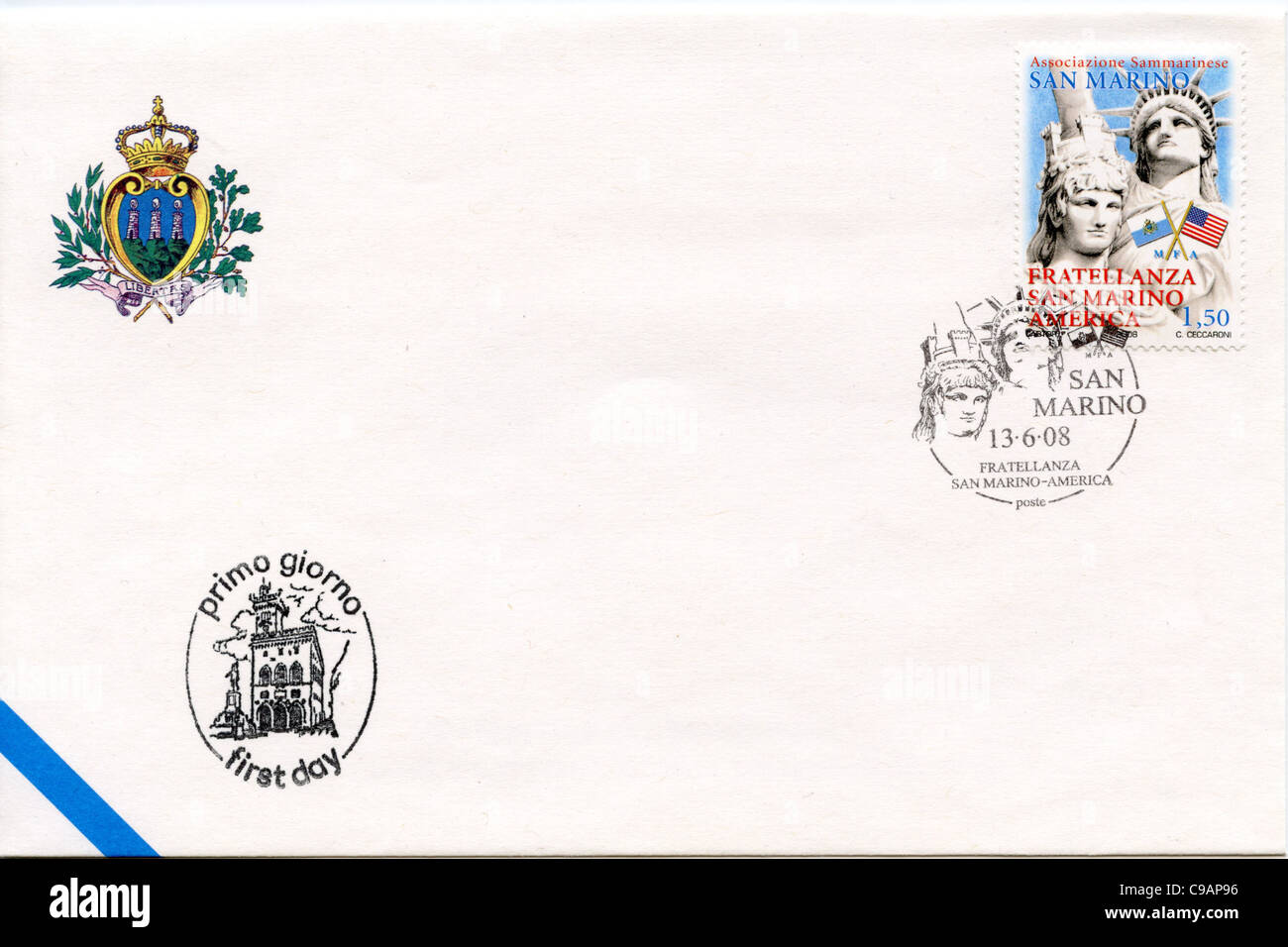 San Marino postage stamp and First Day Cover Stock Photo