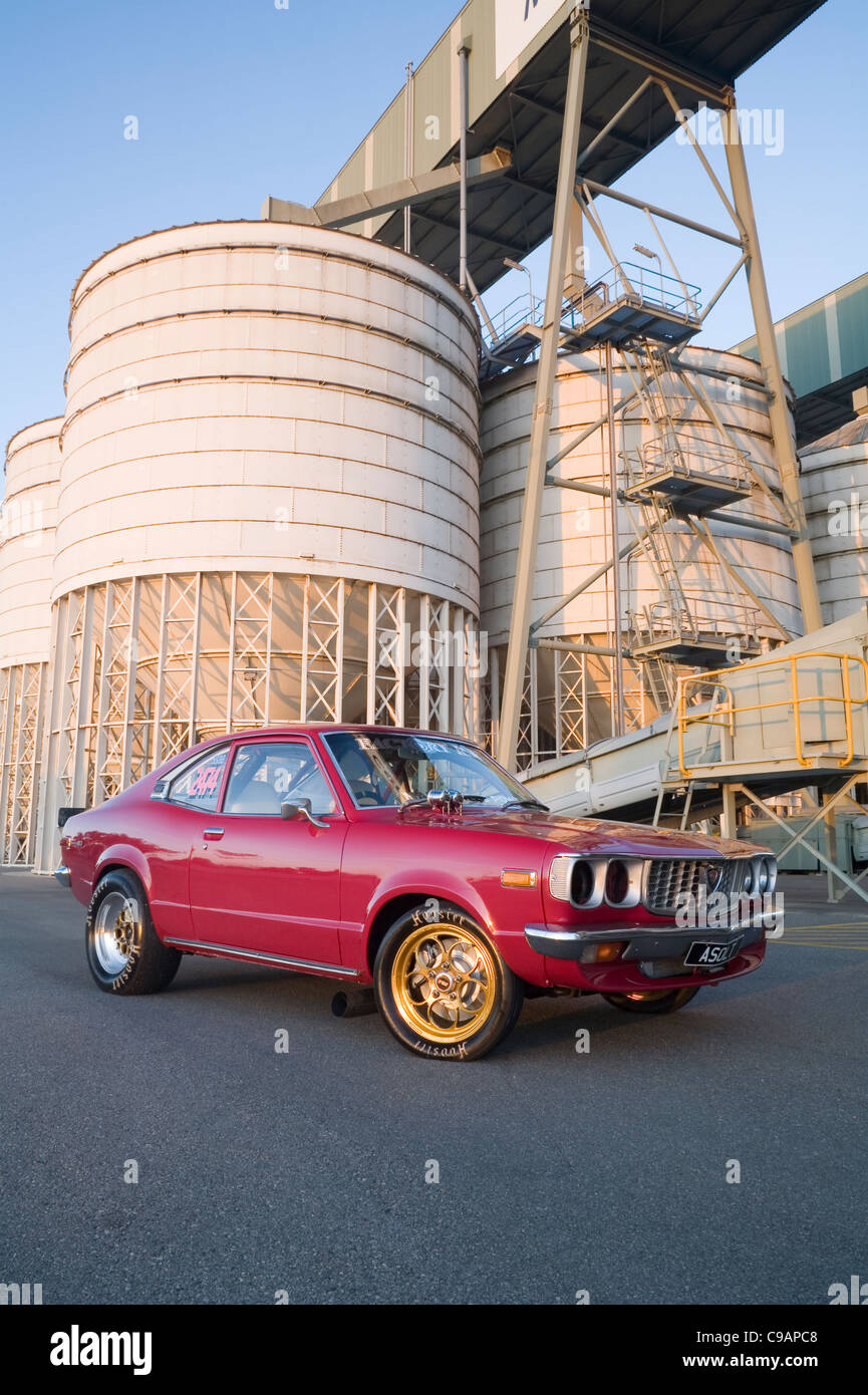 Heavily modified and turbocharged drag racing Mazda rotary engined RX3 sports car Stock Photo