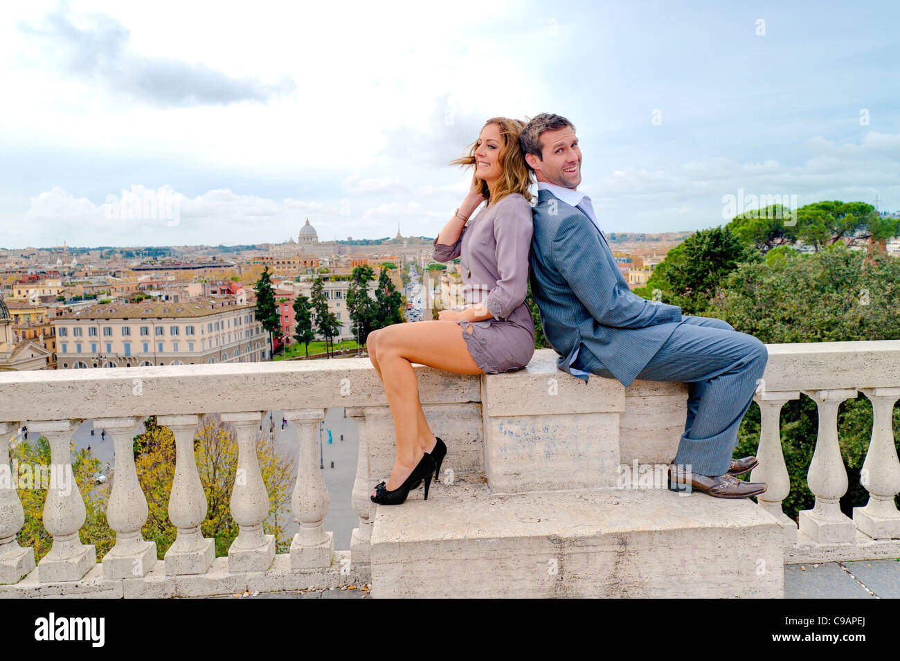 Couple on the terrace of Parco del Pincio Stock Photo