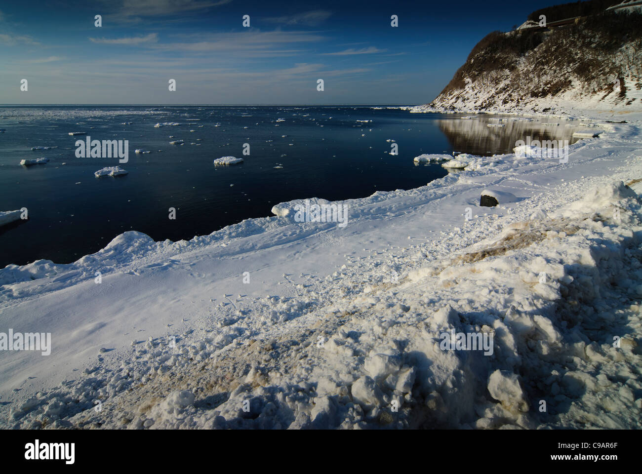 Scenic view of frozen sea and coastline, Shiretoko and Nemuro, Hokkaido, Japan Stock Photo