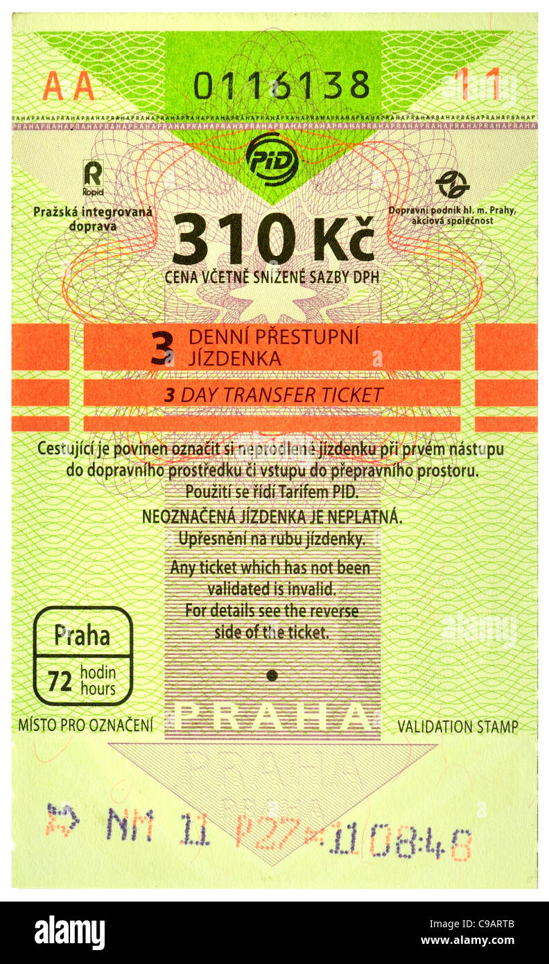 Prague public transport tickets, valid on metro, trams and busses. 3 day ticket - 310 Kc crowns (Price correct winter 2011) Stock Photo