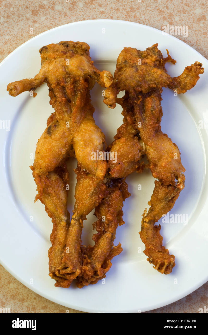 Fried Battered Frogs as sold in Phnom Penh Cambodia - An example of strange or weird Food eaten by people around the world Stock Photo