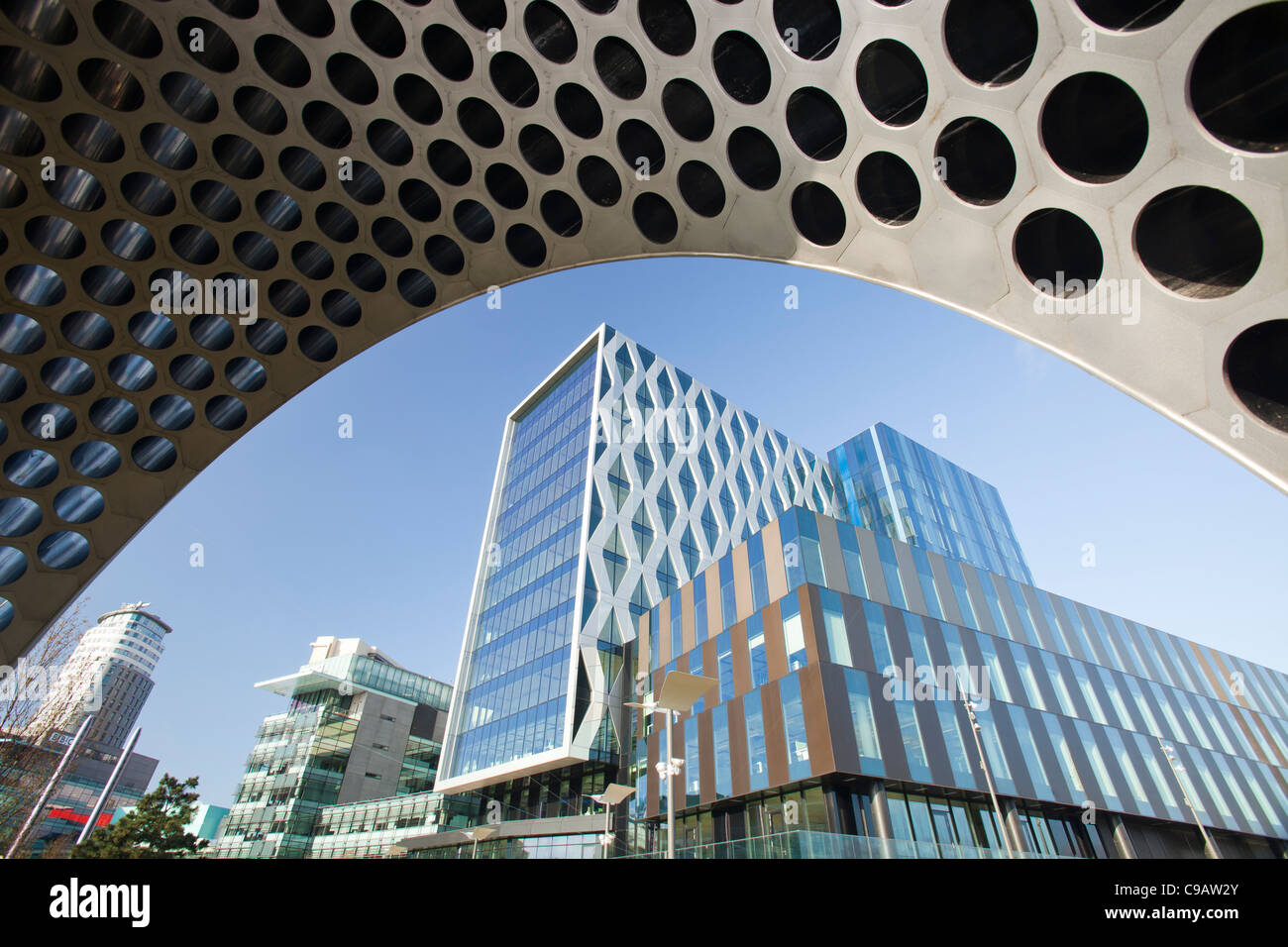 The Aeolus Accoustic wind pavilion sculpture at Media City in Salford Quays, Manchester, UK. Stock Photo