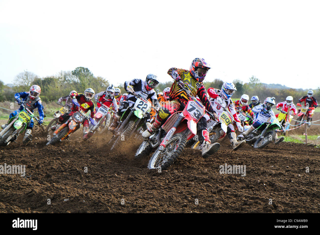 Motocross riders at an Amateur Motor Cycle Association (AMCA) event, Grittenham UK Stock Photo