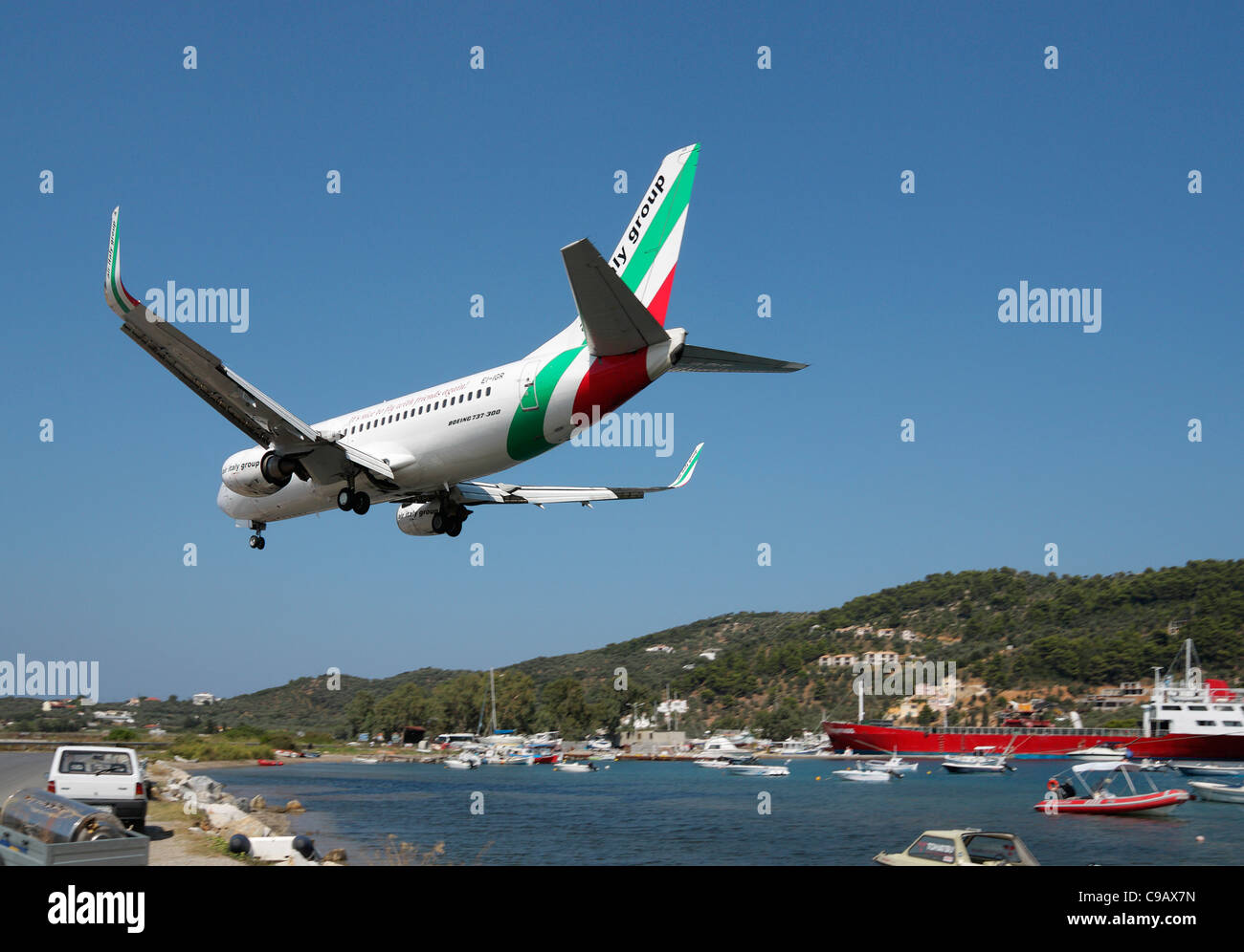 Aeroplane landing at Skiathos Town, Skiathos, Greece Stock Photo