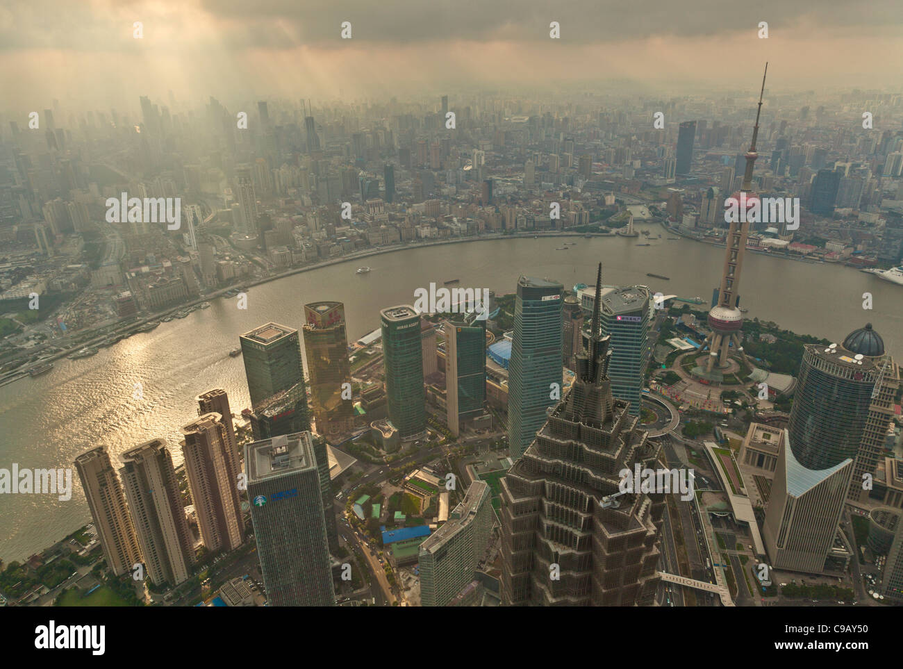 Shanghai Skyline, with Oriental Pearl and Pudong skyscrapers, Huangpu River, PRC, People's Republic of China, Asia Stock Photo
