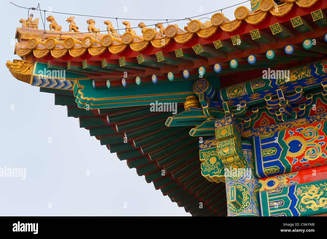 Detail of painted building and roof in the Hall of Supreme Harmony Square in Forbidden City Beijing Peoples Republic of China Stock Photo