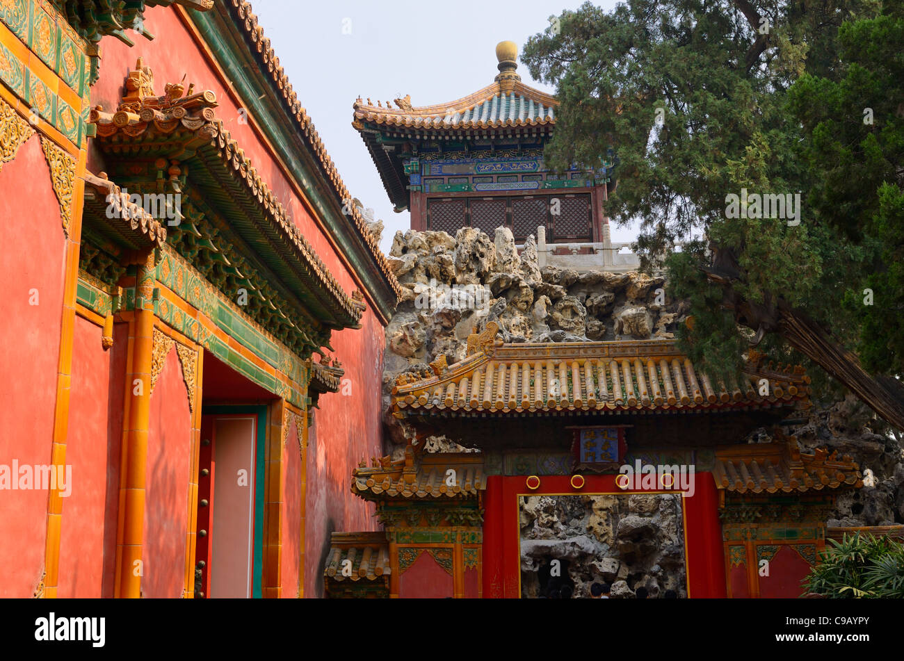 Imperial Garden in inner court at the north end of the Forbidden City Beijing Peoples Republic of China Stock Photo