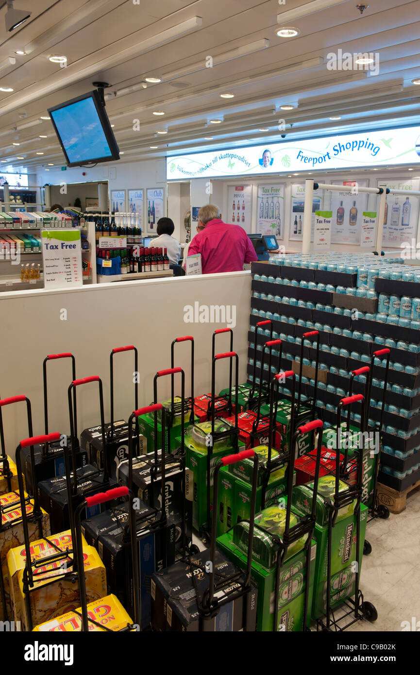 Beer trolleys inside the Tax free ferry shop on board the Cruise ship