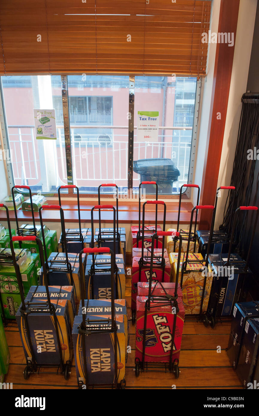Beer trolleys inside the Tax free ferry shop on board the Cruise ship