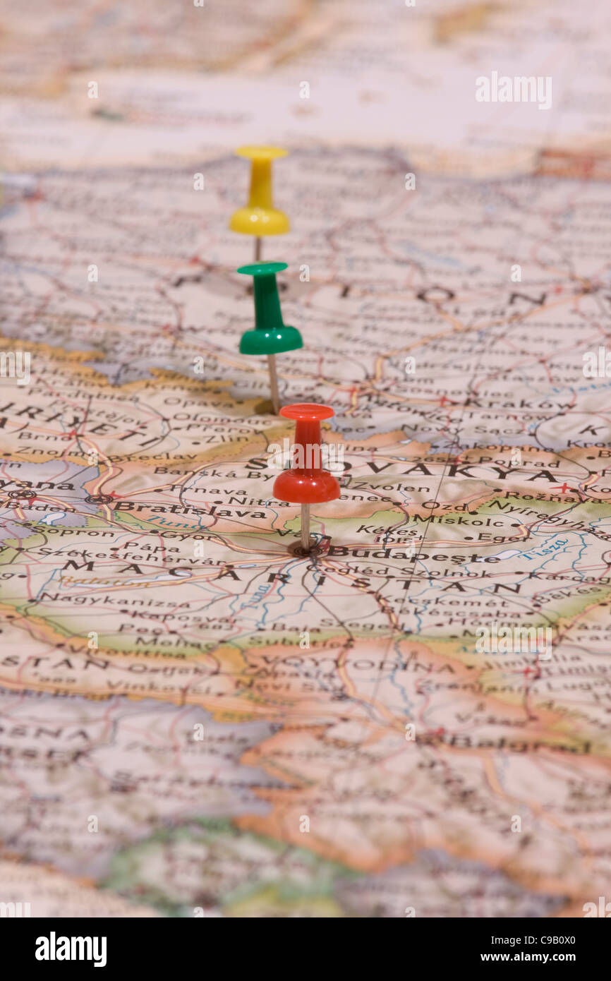 pins showing the location of a destination point on a map Stock Photo