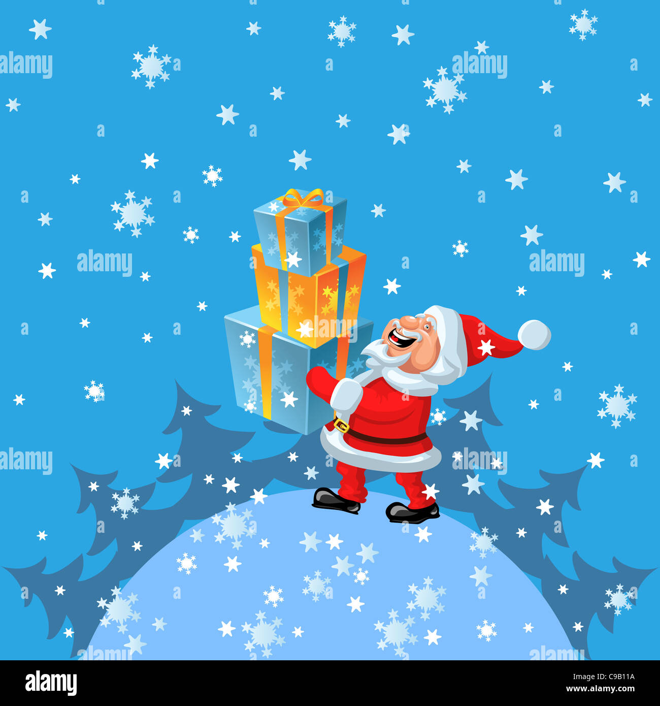 funny cartoon Santa Claus comes around the globe with gifts in hand Stock Photo
