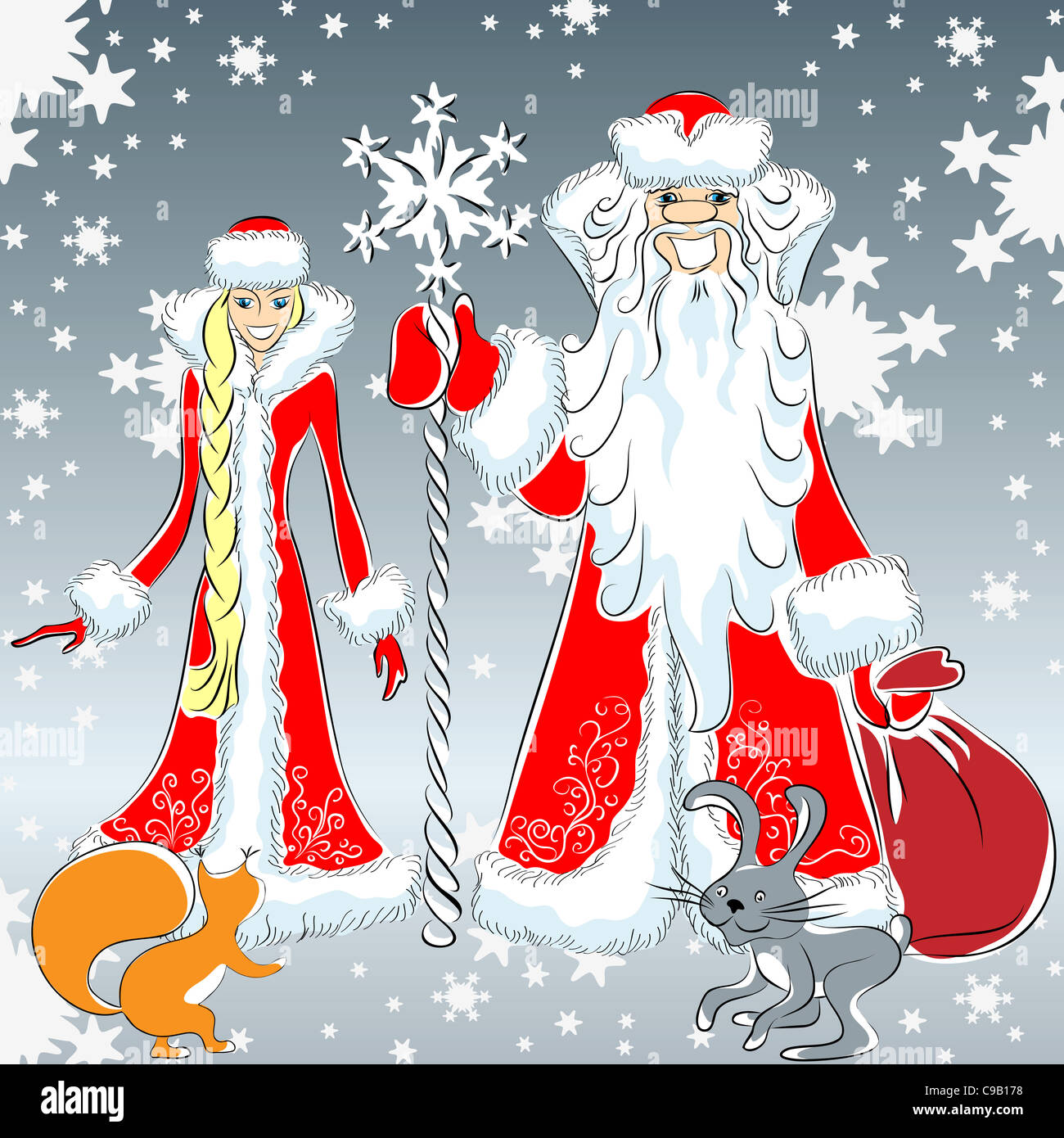 Father Frost with his staff and the Snow Maiden, hare and squirrel are