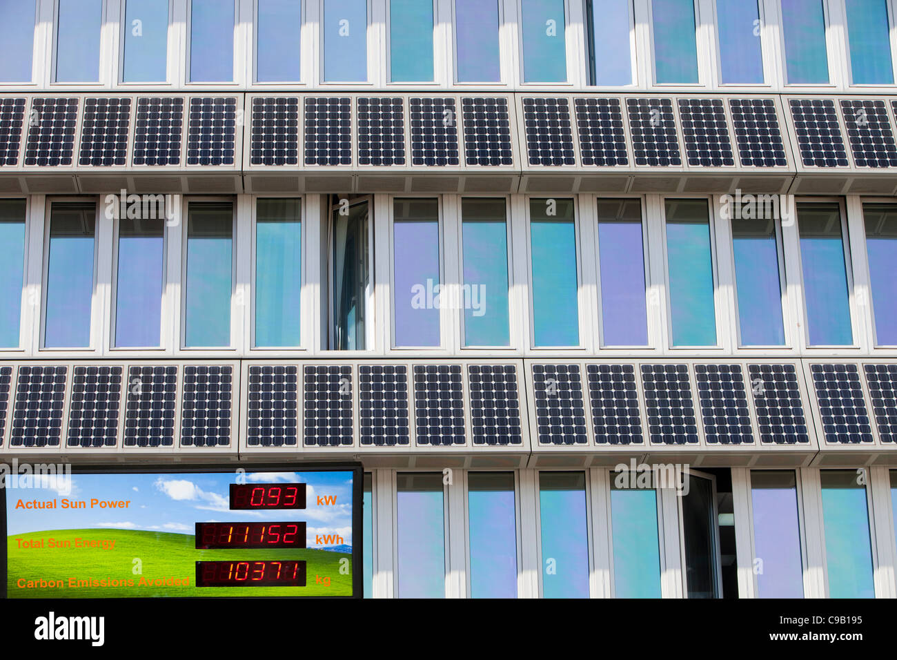 Solar panels on a building on the campus of Northumbira University, Newcastle upon Tyne, UK. Stock Photo