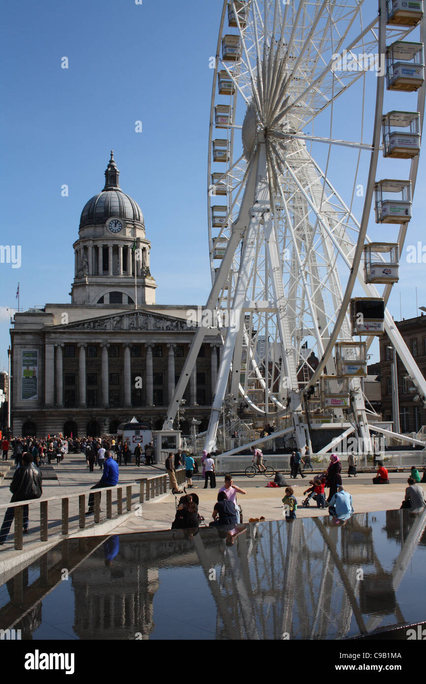 Nottingham City Centre with a big wheel ride. Stock Photo